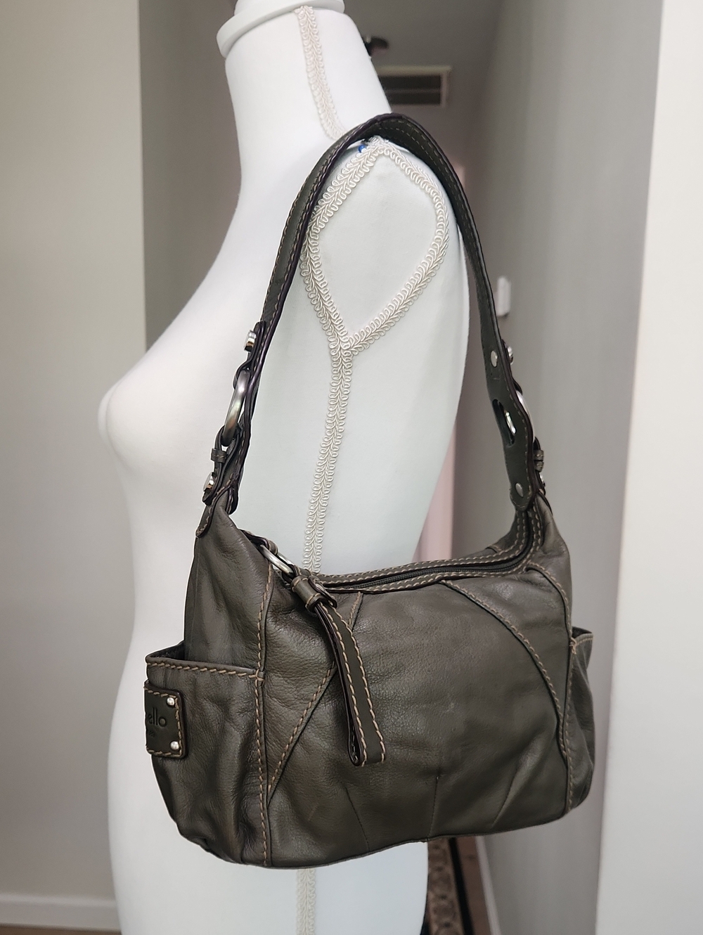 Tignanello Olive Green Soft Leather Slouchy Shoulder Bag Purse Hobo Y2k